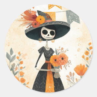 Sticker Rond Skeleton Lady La Catrina Jour des Morts