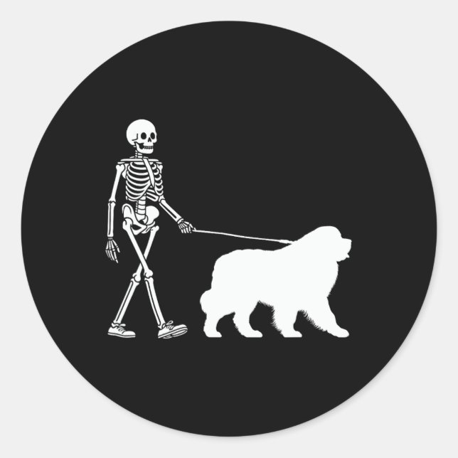 Sticker Rond Skeleton Marcher Un Chien De Terre-Neuve Halloween (Devant)