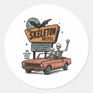 Sticker Rond Skeleton Motel Halloween Vintage Road Halloween Sk