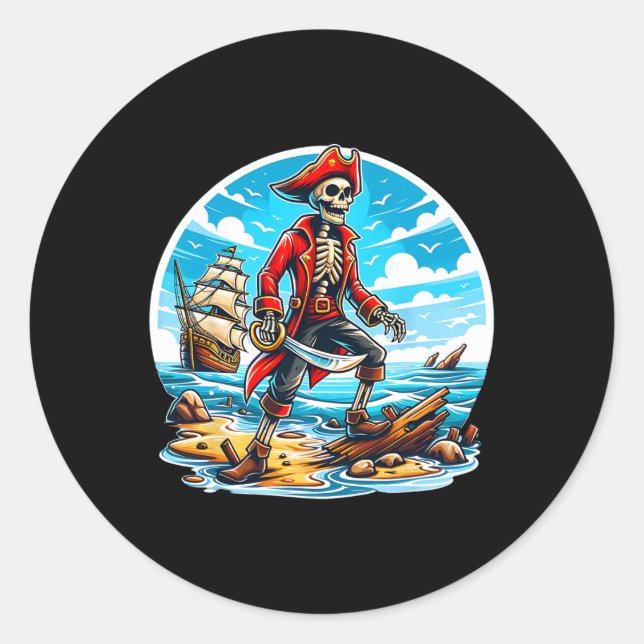 Sticker Rond Skeleton Pirate Tee Skull Halloween Skeleton Pirat (Devant)