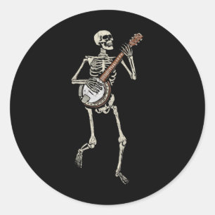 Sticker Rond Skeleton Retro Dansant Et Banjo Graphisme Vintage