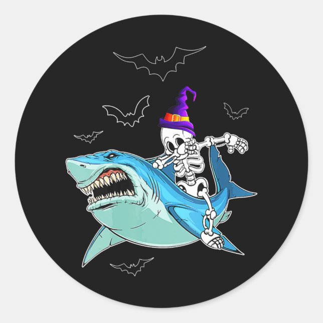Sticker Rond Skeleton Riding Shark Funny - Cadeau d'Halloween f (Devant)