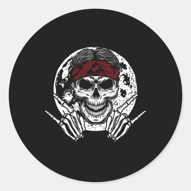 Sticker Rond Skeleton Rock Halloween Rock Et Roll Midnigh (Devant)
