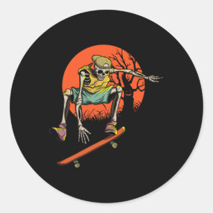 Sticker Rond Skeleton Skin Halloween Avec Skateboard