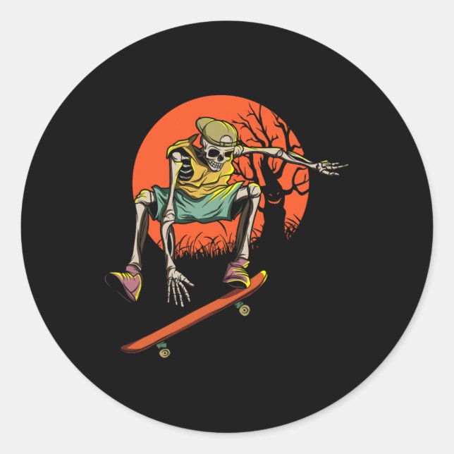 Sticker Rond Skeleton Skin Halloween Avec Skateboard (Devant)