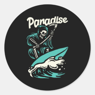 STICKER ROND SKELETON SURF AU PARADIS