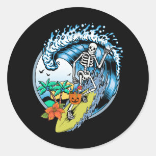 Sticker Rond Skeleton Surf Halloween Hawaii Surfer Hawaii
