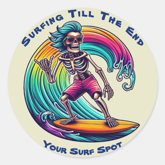 Sticker Rond Skeleton Surfer En Vague (Devant)