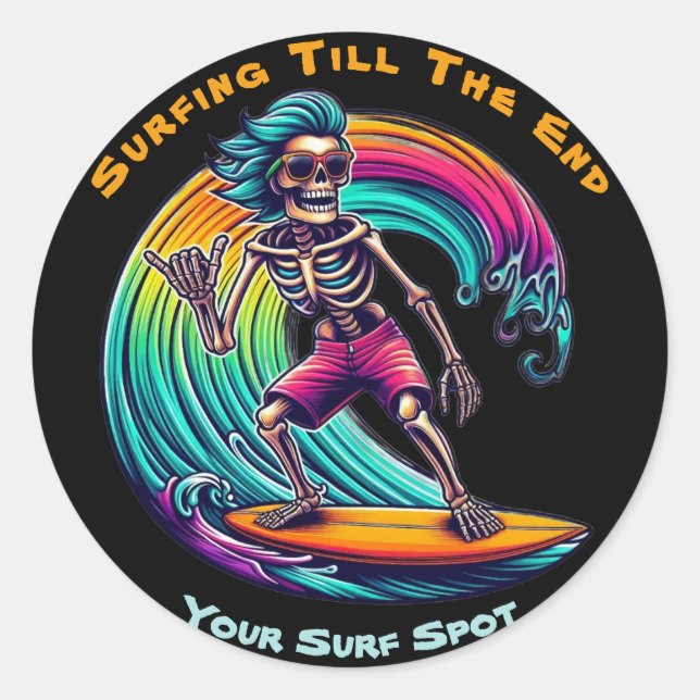 Sticker Rond Skeleton Surfer En Vague (Devant)
