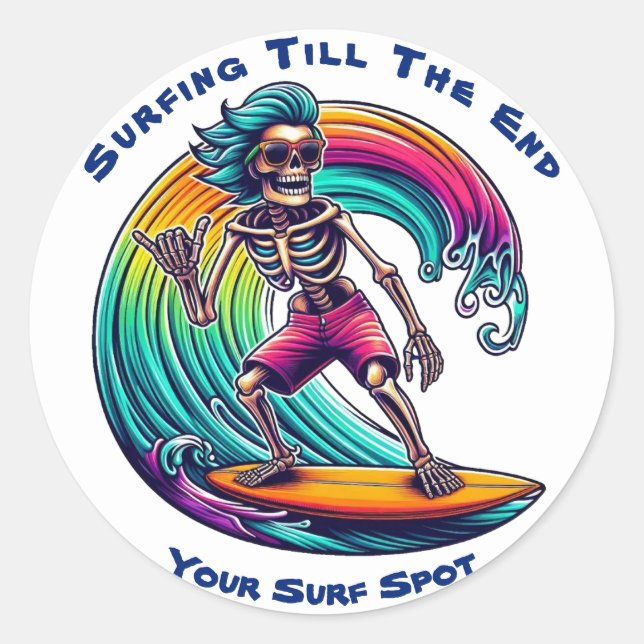 Sticker Rond Skeleton Surfer En Vague (Devant)