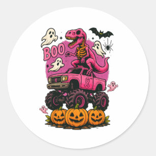Sticker Rond Skeleton T Rex Dinosaur Monster Truck Citrouille B