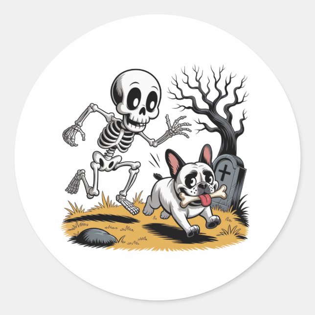 Sticker Rond Skeleton vs French Bulldog – Funny Halloween Chase (Devant)