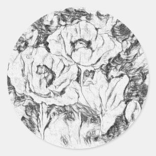 Sticker Rond Sketched Pen Drawn poppies flowers floral whi