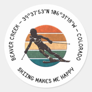 Sticker Rond Ski Beaver Creek, Colorado - Lady Skier Texte noir