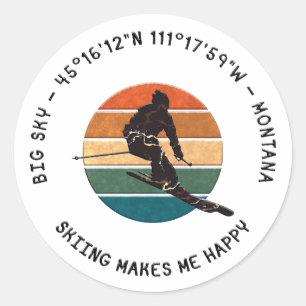 Sticker Rond Ski Big Sky, Montana - Man Skier, Texte noir