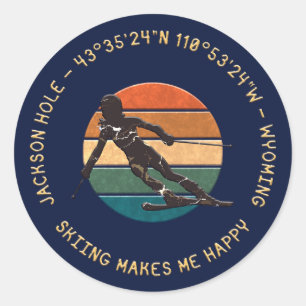Sticker Rond Ski Jackson Hole, Wyoming - Femme Skier Sur Dark