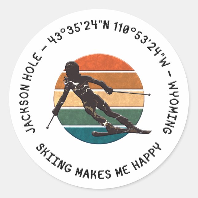 Sticker Rond Ski Jackson Hole, Wyoming - Femme Skier Texte noir (Devant)