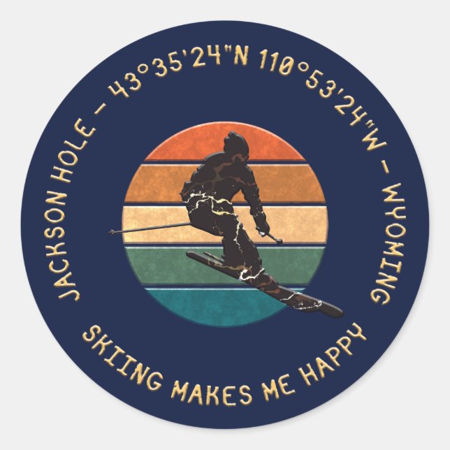 Sticker Rond Ski Jackson Hole, Wyoming - Homme Skier, Texte D'O (Devant)