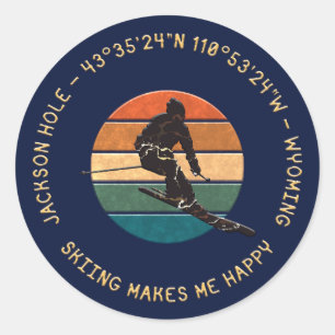 Sticker Rond Ski Jackson Hole, Wyoming - Homme Skier, Texte D'O
