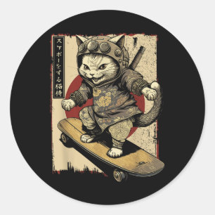 Sticker Rond Ski Japonais Samurai Chat Tattoo Kawaii Ninj