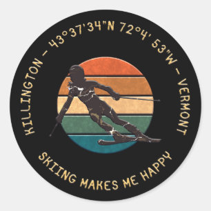 Sticker Rond Ski Killington, Vermont - Femme Skier, Texte Jaune