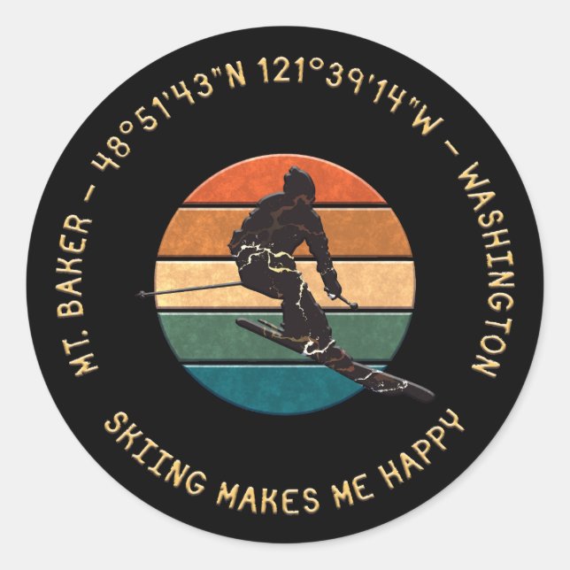 Sticker Rond Ski Mt. Baker, Washington - Man Skier, Texte Jaune (Devant)