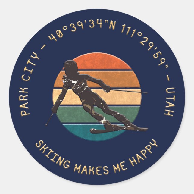 Sticker Rond Ski Park City, Utah - Femme Skier, Texte D'Or (Devant)