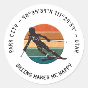 Sticker Rond Ski Park City, Utah - Femme skieuse, Texte noir