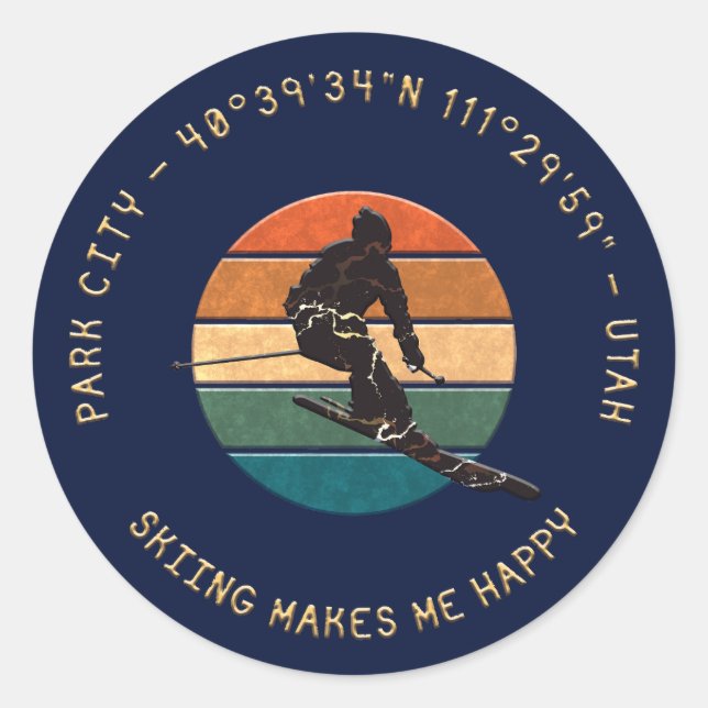 Sticker Rond Ski Park City, Utah - Man Skier Golden Text (Devant)