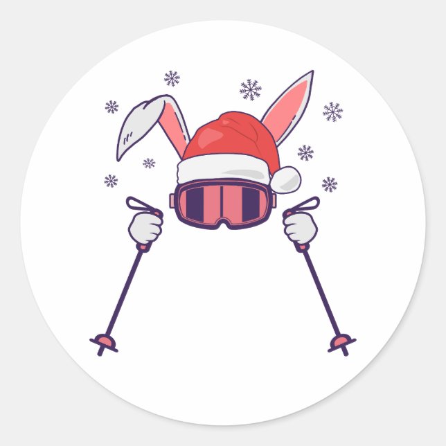 Sticker Rond Ski Père Noël Rabbit avec Santa Hat et bâtons de s (Devant)