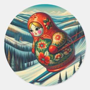 Sticker Rond Ski Poupée Matryoshka Neige d'hiver