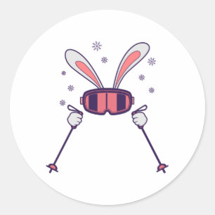 Sticker Rond Ski Rabbit avec bâtons de ski et lunettes de ski