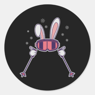 Sticker Rond Ski Rabbit avec bâtons de ski et lunettes de ski