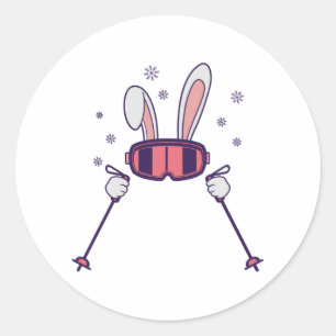 Sticker Rond Ski Rabbit avec bâtons de ski et lunettes de ski