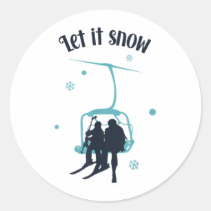 Sticker Rond Ski Skier Ski Rétro Hiver Laisser Il Neige Christm