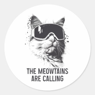 Sticker Rond Ski Snowboard Chat Drôle Les Meowtains Appellent