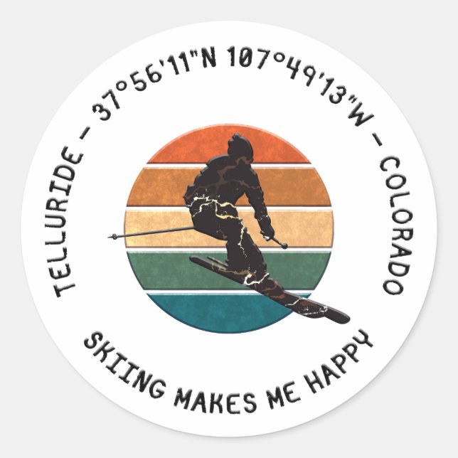 Sticker Rond Ski Telluride, Colorado - Homme Skier, Texte noir (Devant)