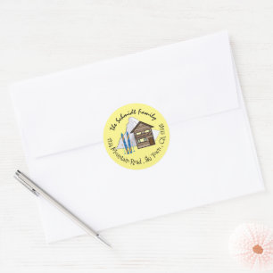 Sticker Rond Ski Vacances Doodle Jaune Adresse de retour Sticke