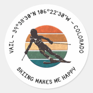 Sticker Rond Ski Vail, Colorado - Femme Skier, Texte noir