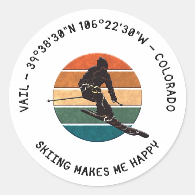 Sticker Rond Ski Vail, Colorado - Homme Skier, Texte noir (Devant)