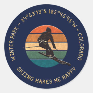 Sticker Rond Ski Winter Park, Colorado - Man Skier Golden Text