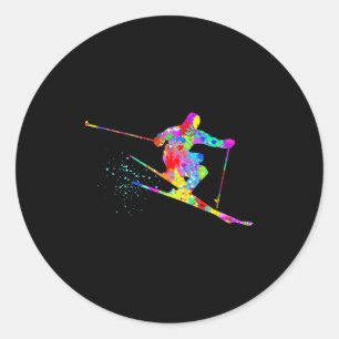 Sticker Rond Skieur de neige art de arc-en-ciel cool éclaboussu