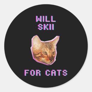 Sticker Rond Skiing Pour Chats Aventure De Neige D'hiver Drôle