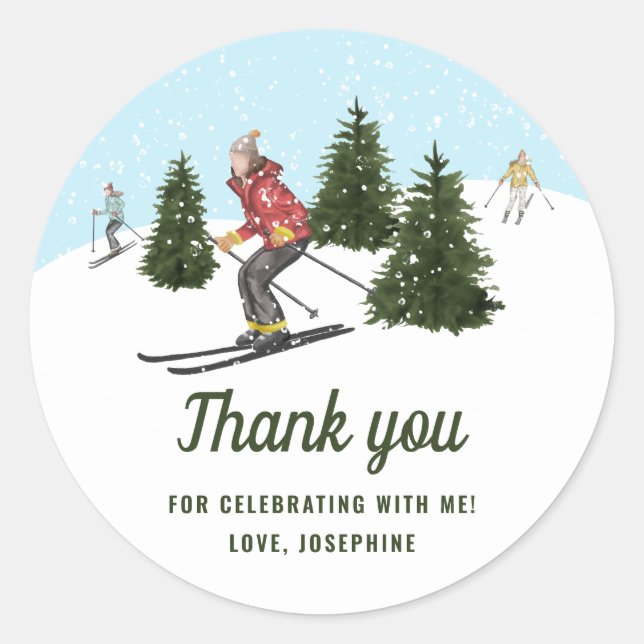 Sticker Rond Skiing Winter Women Ski Birthday Thank You (Devant)