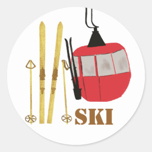 Sticker Rond Skis Et Poles D'Or   Retro Ski Lift Holiday