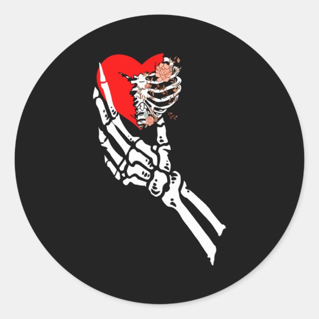 Sticker Rond Skull Skeleton Hand Holding Red Heart Love Valenti (Devant)