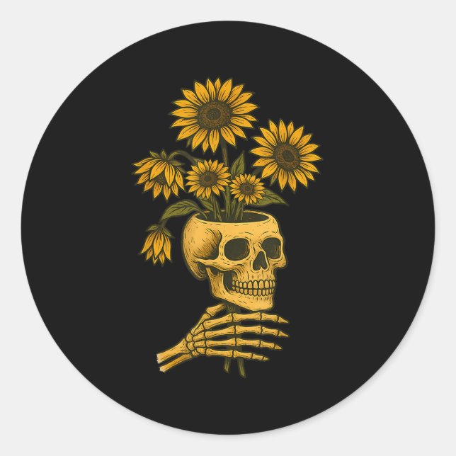 Sticker Rond Skull Sunflowers Gothic Goth Creepy Cute Floral  (Devant)
