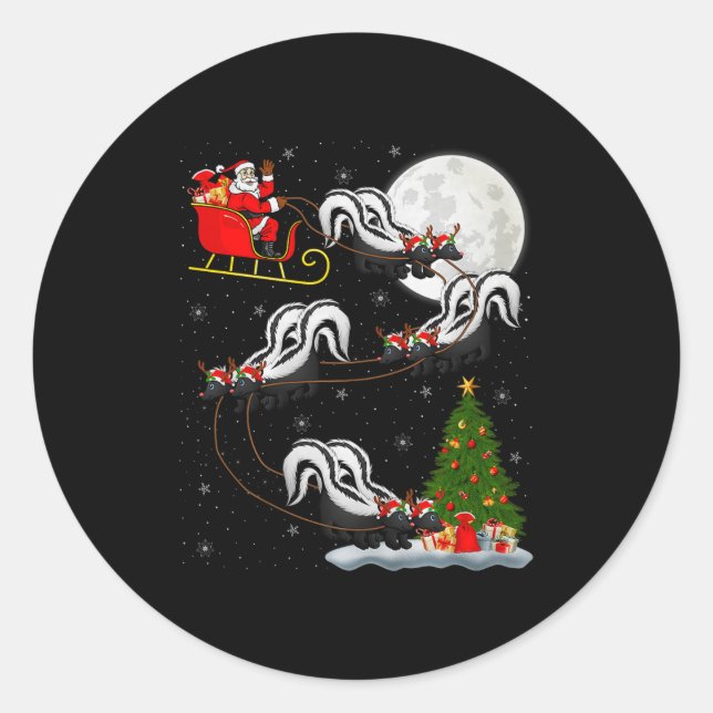 Sticker Rond Skunk Santa Sleigh Flying Funny Magical Christmas  (Devant)