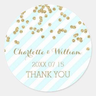 Sticker Rond Sky Blue Stripes Gold Confetti Wedding Favor Tags