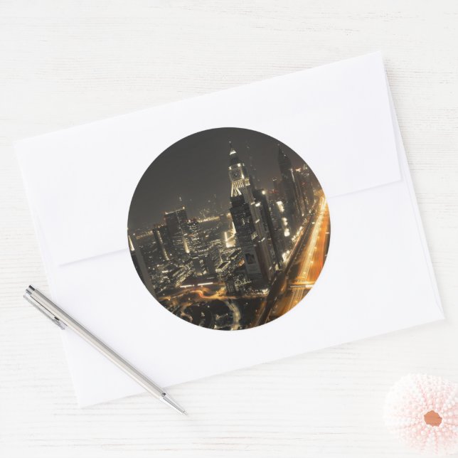 Sticker Rond Skyline de Dubaï la nuit (Enveloppe)